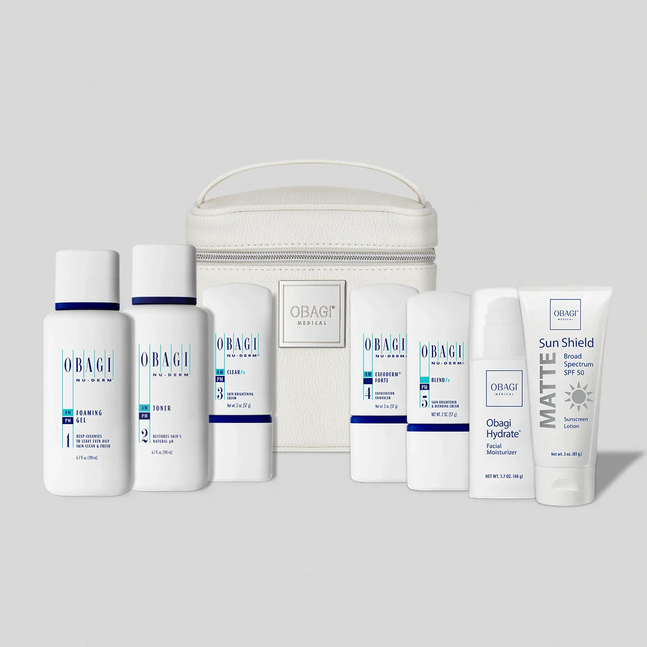 Obagi Skin-Brightening System for Normal to Dry Skin with Nu-Derm Fx skincare products and SPF 50 sunscreen