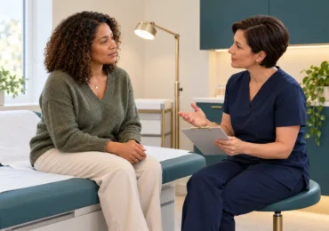 Clinician discussing vaginal and local menopause treatments with a patient